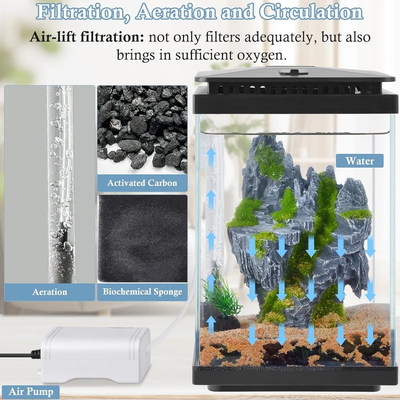 FEDOUR Small Glass Aquarium, 1 Gallon Desktop Fish Tank, Betta Fish Tank, Mini Aquarium Starter Kit with Air Pump LED Light Decoration Water Changer Fish Net (Black) - Image 3